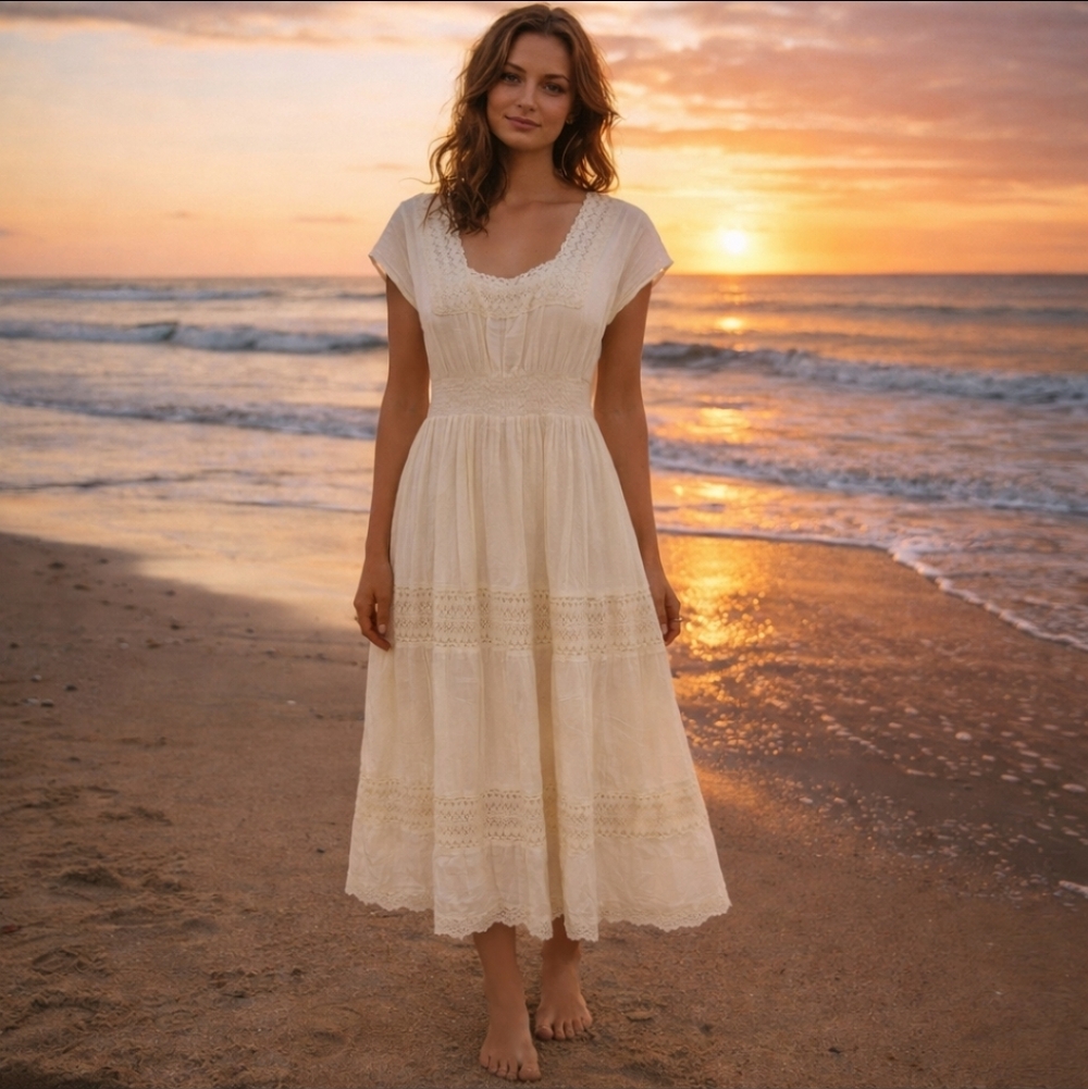 White Crochet Trim Boho Maxi Midi Beach Rayon Dress Medium